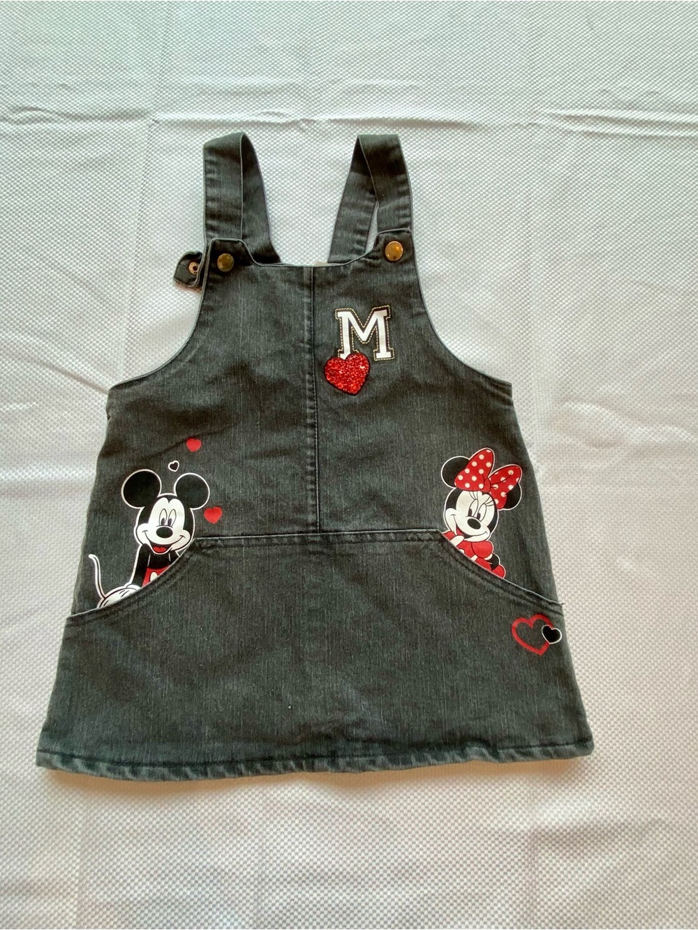 Disney Black Denim Mickey & Minnie Heart Overall Pinafore Dress size 4